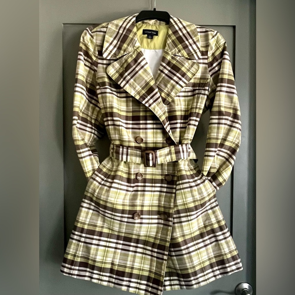 Lands' End Green Plaid belted Trench Coat size L 14-16